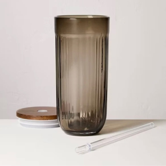 Hearth & Hand™ with Magnolia BROWN 21oz Fluted Glass Tumbler with Wood Lid - Picture 2 of 2